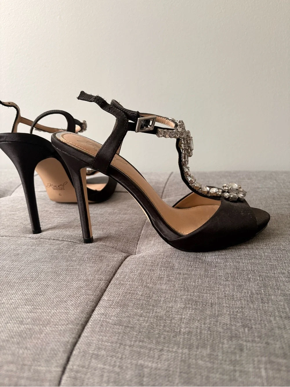 Black T-Strap Crystal Embellished Women's Heels